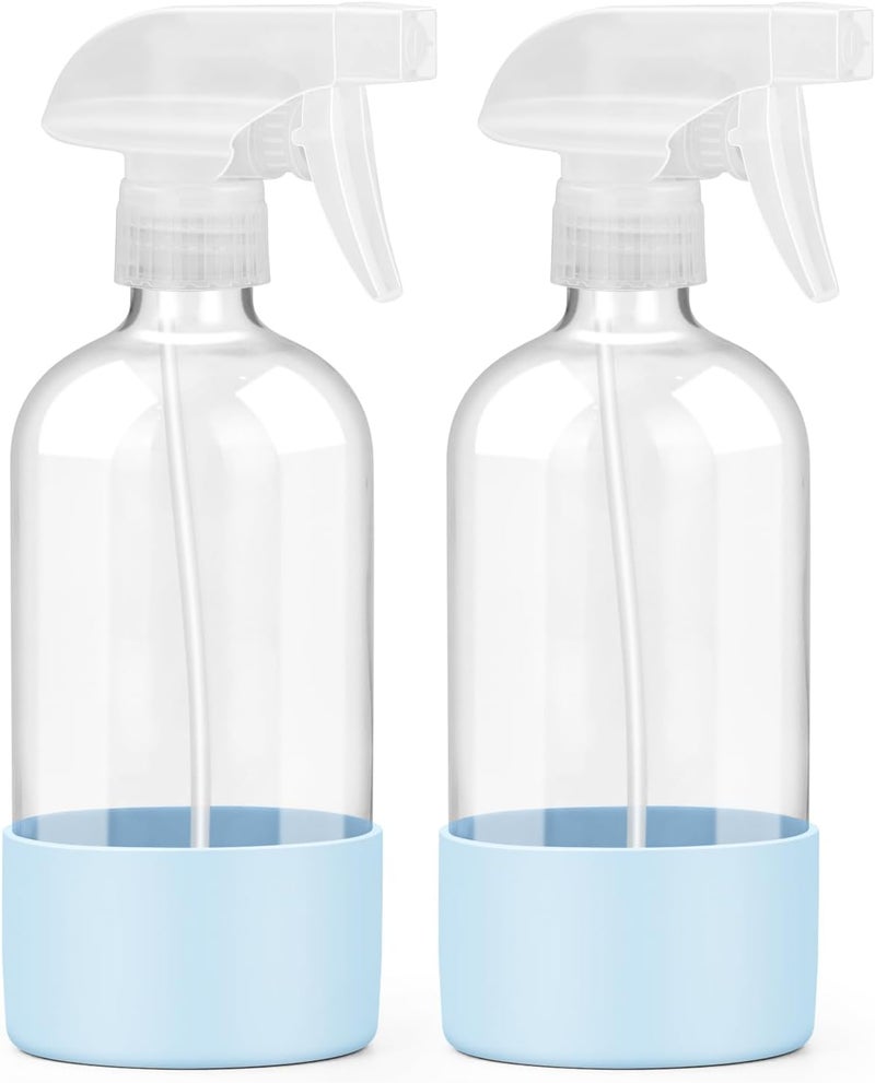 Worldgsb 2 Pack Glass Spray Bottles with Silicone Sleeve, 16 oz Empty Refillable Containers with Adjustable Spray Nozzles, Spray Bottles for Hair, Cleaning Solutions and Plants Blue - Image 1